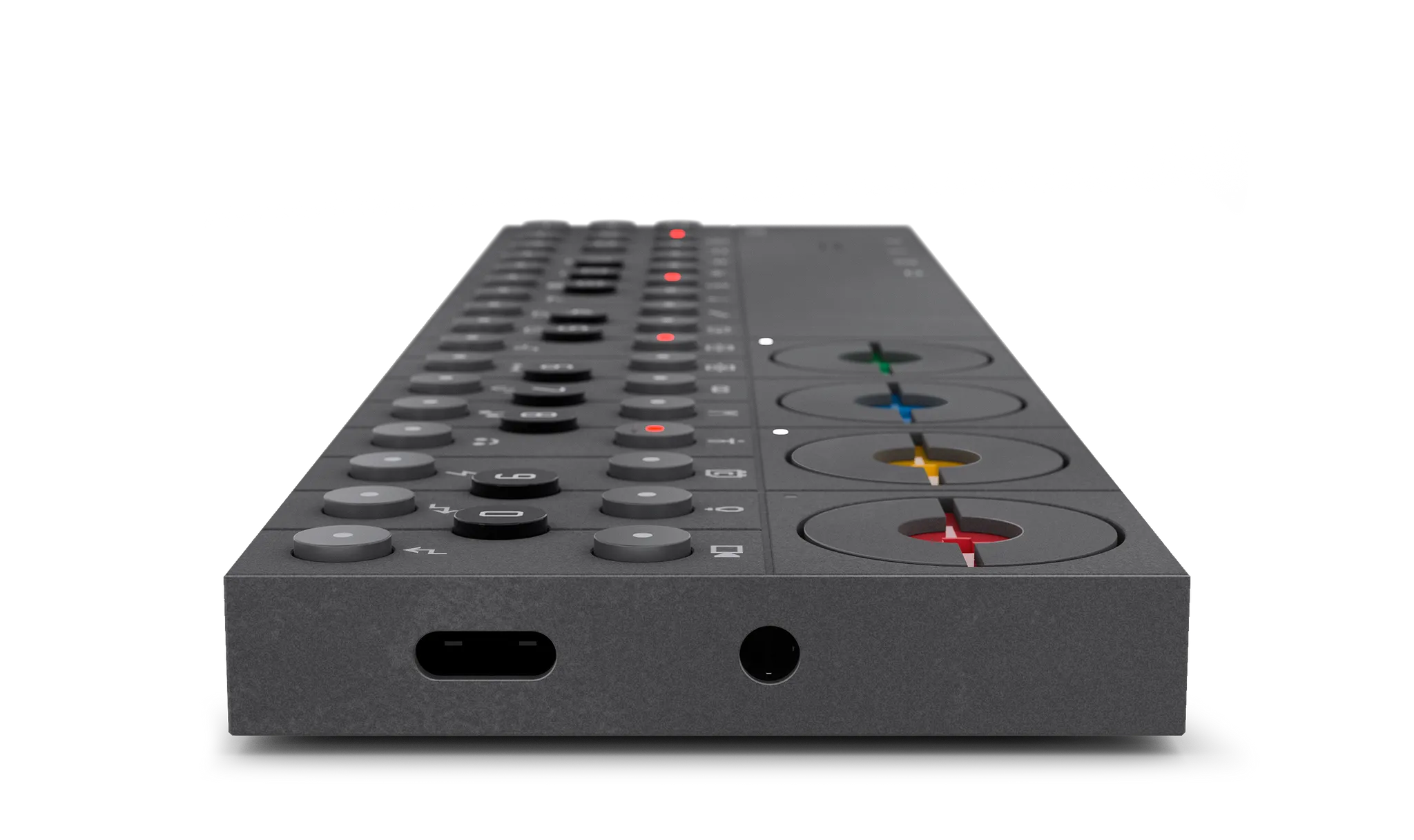Modern digital audio mixer with color-coded controls.