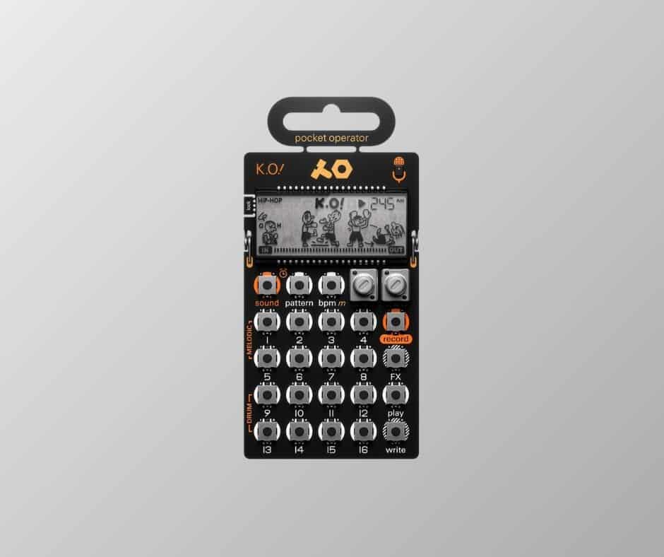 Pocket Operator KO sampler synthesizer on gray background.