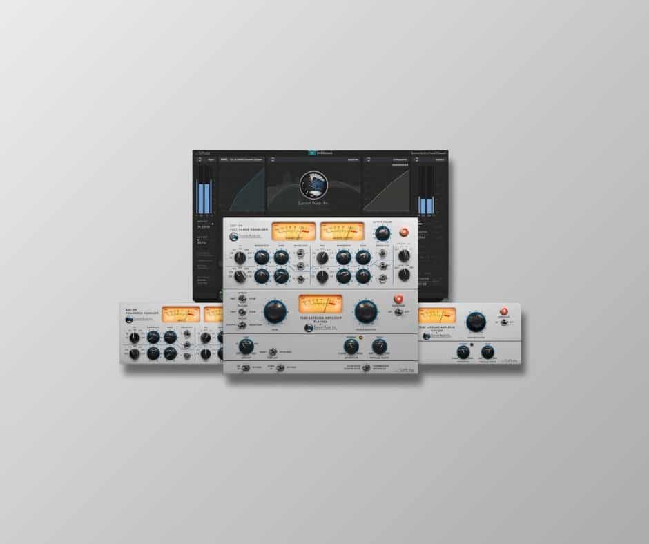 Various professional audio mixing software interfaces displayed.