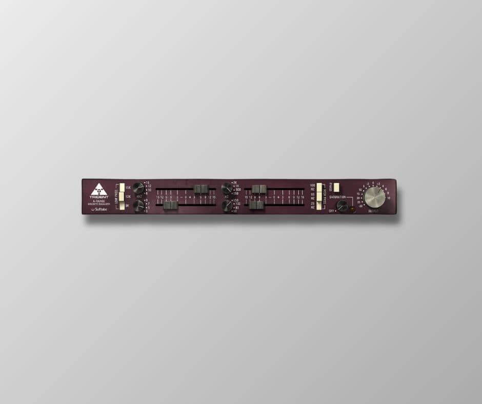Audio equalizer unit with knobs and dials on grey background.